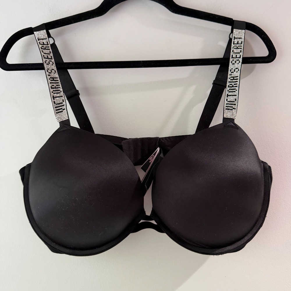 Victoria's Secret Push Up Bra Women 38DD Black Excellent Rhinestone Logo Strap